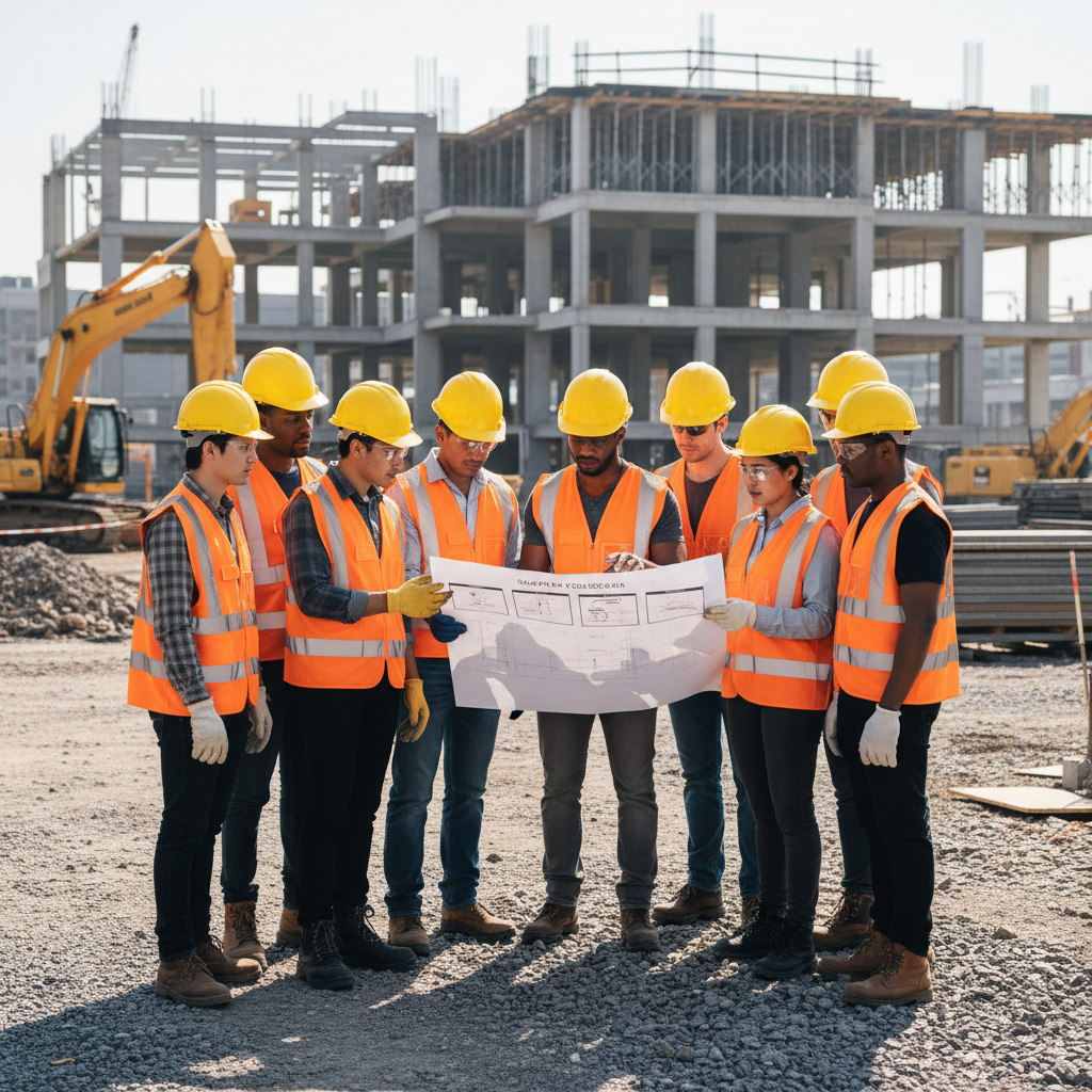 Diverse construction team including men and women of different ethnicities wearing safety gear and reviewing protocols at job site